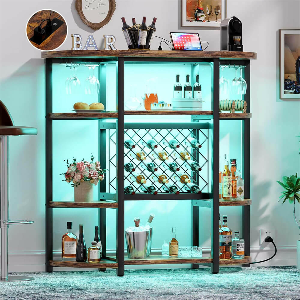 Unikito Freestanding Wine Bar Table with Outlet and Two LED Light, Floor Wine Rack with Glass Holder, Home Bar Stand with Wine Storage, Industrial Wine Bar Cabinet for Kitchen, Dining Room