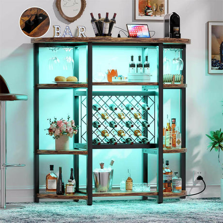 Unikito Freestanding Wine Bar Table with Outlet and Two LED Light, Floor Wine Rack with Glass Holder, Home Bar Stand with Wine Storage, Industrial Wine Bar Cabinet for Kitchen, Dining Room