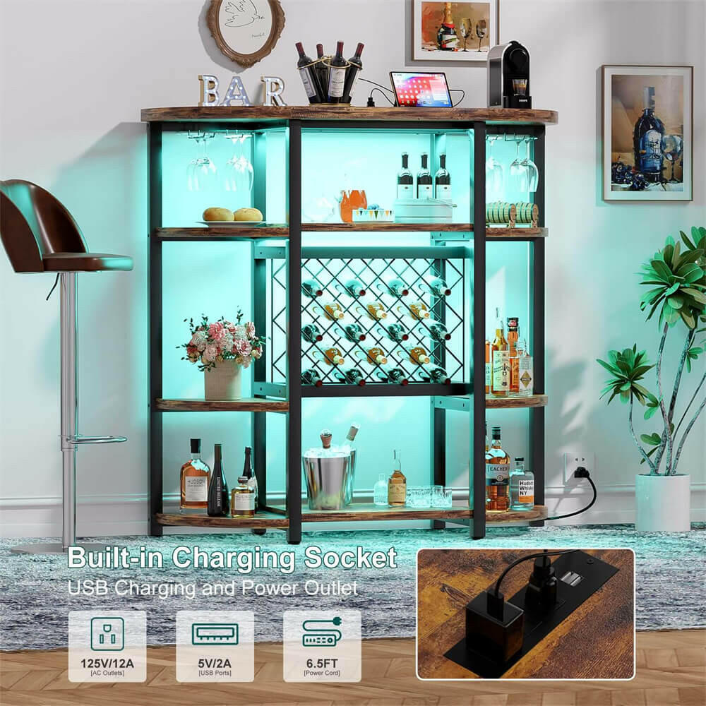 Unikito Freestanding Wine Bar Table with Outlet and Two LED Light, Floor Wine Rack with Glass Holder, Home Bar Stand with Wine Storage, Industrial Wine Bar Cabinet for Kitchen, Dining Room