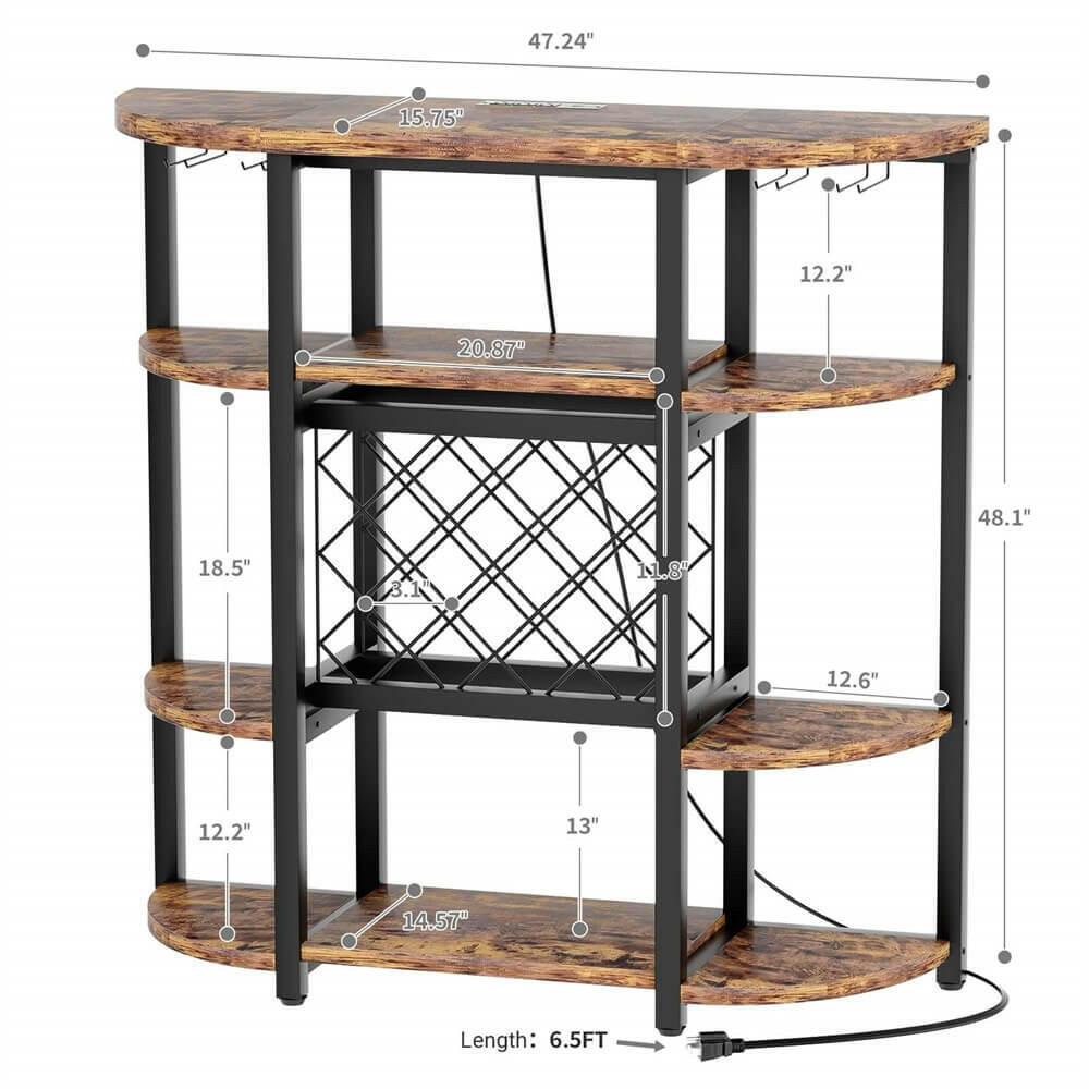 Unikito Freestanding Wine Bar Table with Outlet and Two LED Light, Floor Wine Rack with Glass Holder, Home Bar Stand with Wine Storage, Industrial Wine Bar Cabinet for Kitchen, Dining Room