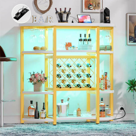 Unikito Freestanding Wine Bar Table with Outlet and Two LED Light, Floor Wine Rack with Glass Holder, Home Bar Stand with Wine Storage, Industrial Wine Bar Cabinet for Kitchen, Dining Room