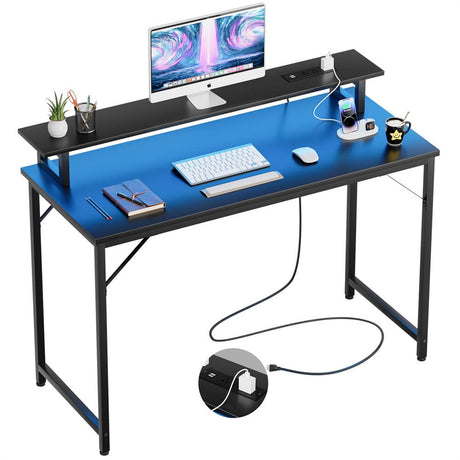 Unikito 47 inch Computer Desk with Power Outlets, Gaming Desk with LED Lights, Home Office Work Desk with Monitor Shelf, Modern Office Desk Study Writing Table for Small Spaces