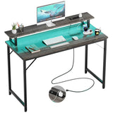 Unikito 47 inch Computer Desk with Power Outlets, Gaming Desk with LED Lights, Home Office Work Desk with Monitor Shelf, Modern Office Desk Study Writing Table for Small Spaces