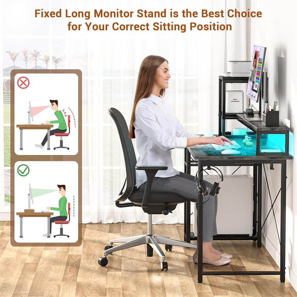 Unikito Computer Desk with LED Strip and Monitor Stand, Ergonomic Gaming Desk with Power Outlet and USB Ports, Reversible Small Desk Office Desk Writing Desk with Storage Shelf