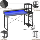 Unikito Computer Desk with LED Strip and Monitor Stand, Ergonomic Gaming Desk with Power Outlet and USB Ports, Reversible Small Desk Office Desk Writing Desk with Storage Shelf