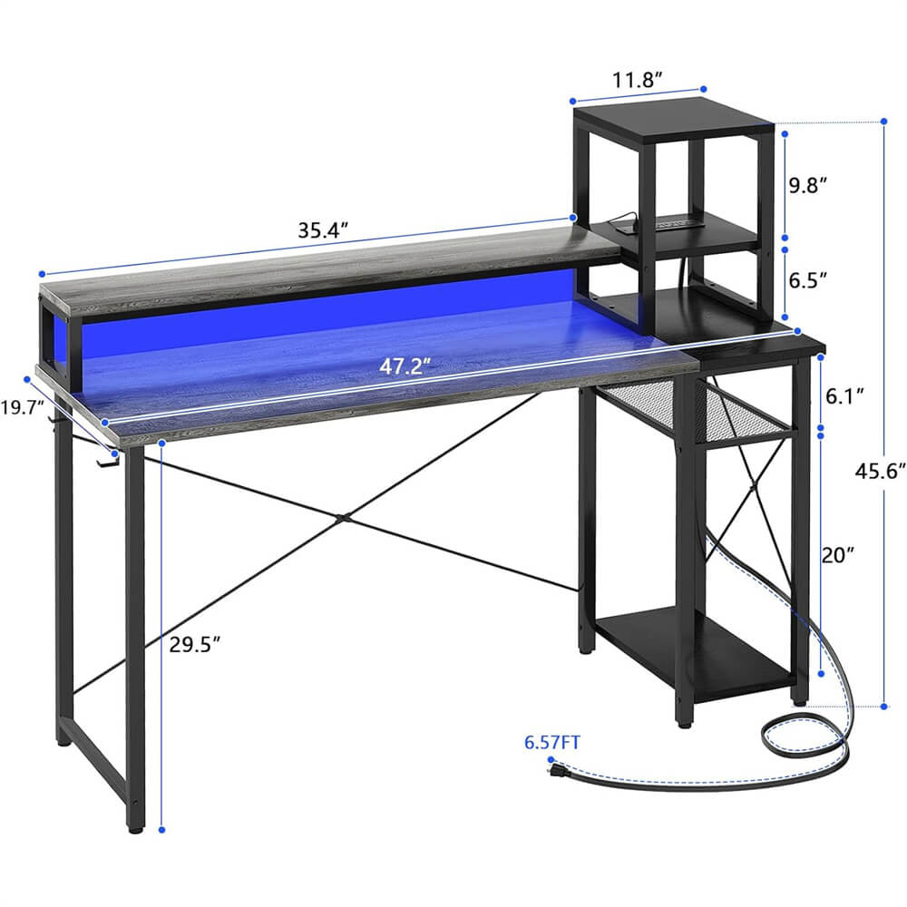 Unikito Computer Desk with LED Strip and Monitor Stand, Ergonomic Gaming Desk with Power Outlet and USB Ports, Reversible Small Desk Office Desk Writing Desk with Storage Shelf