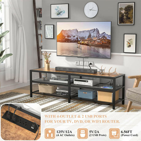Unikito TV Stand for 60 65 Inch TV, Two-Color Long Entertainment Center TV Console Table with Power Outlet, Industrial 55" TV Cabinet with Open Storage Shelves for Living Room
