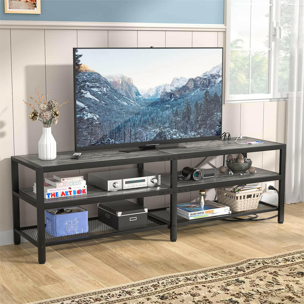 Unikito TV Stand for 60 65 Inch TV, Two-Color Long Entertainment Center TV Console Table with Power Outlet, Industrial 55" TV Cabinet with Open Storage Shelves for Living Room