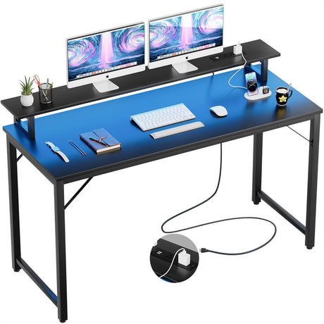 Unikito 55 inch Computer Desk with Monitor Stand, Office Desk Gaming Desk with Power Outlets, LED Lights
