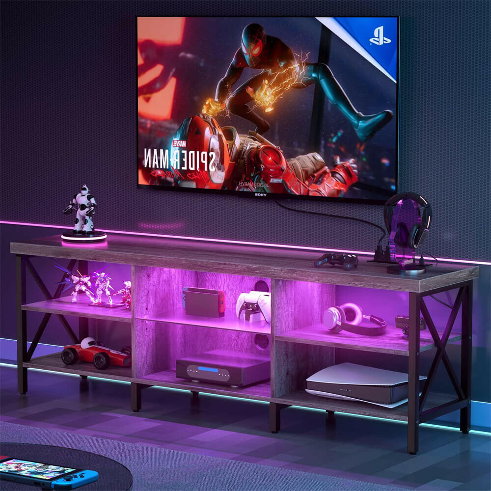 Unikito LED TV Stand for 65/70/75 inches TV, Gaming Entertainment Center with Charging Station, Stunning Sturdy Modern Industrial TV Console with Open Shelves for Living Media Room