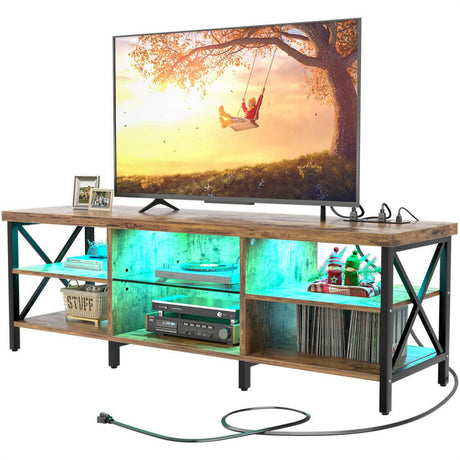 Unikito LED TV Stand for 65/70/75 inches TV, Gaming Entertainment Center with Charging Station, Stunning Sturdy Modern Industrial TV Console with Open Shelves for Living Media Room