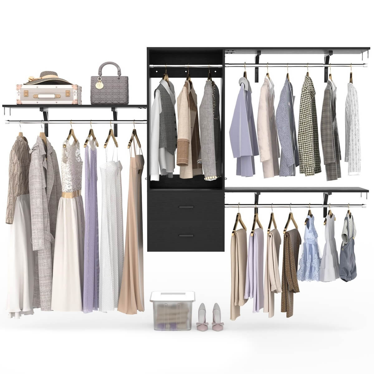 20'' - 96'' Wall Mounted Closet System with 2 Wooden Drawers and 4 Hanging Rods, 1000 lbs Capacity