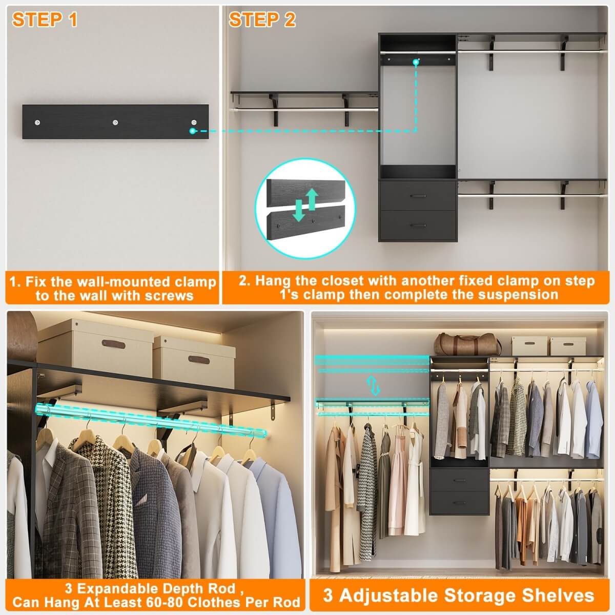 20'' - 96'' Wall Mounted Closet System with 2 Wooden Drawers and 4 Hanging Rods, 1000 lbs Capacity