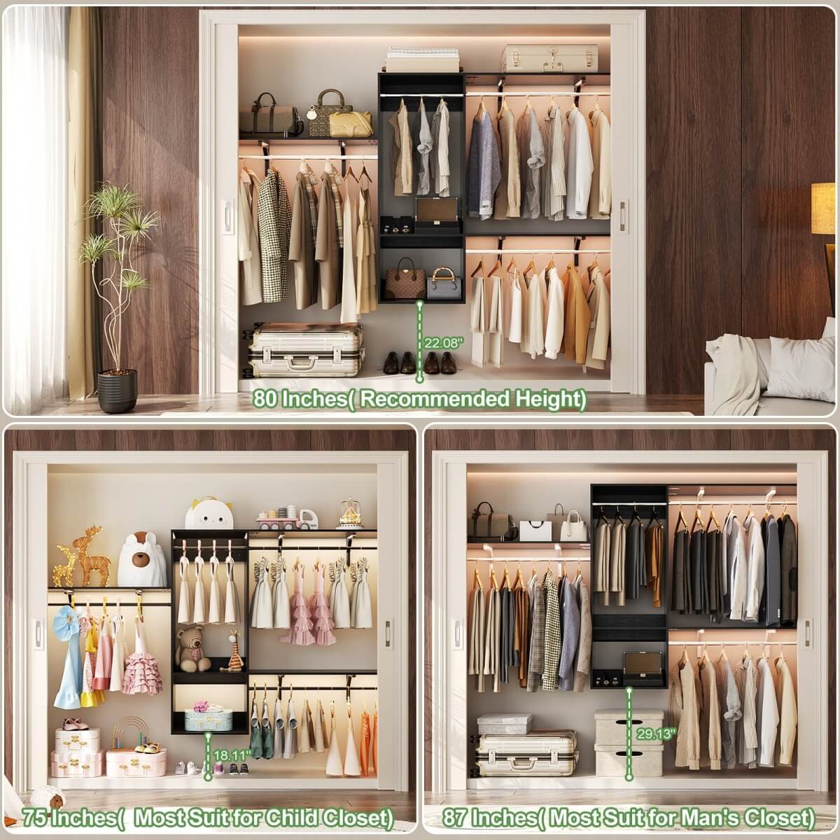 20'' - 96'' Wall Mounted Closet System with 2 Wooden Drawers and 4 Hanging Rods, 1000 lbs Capacity