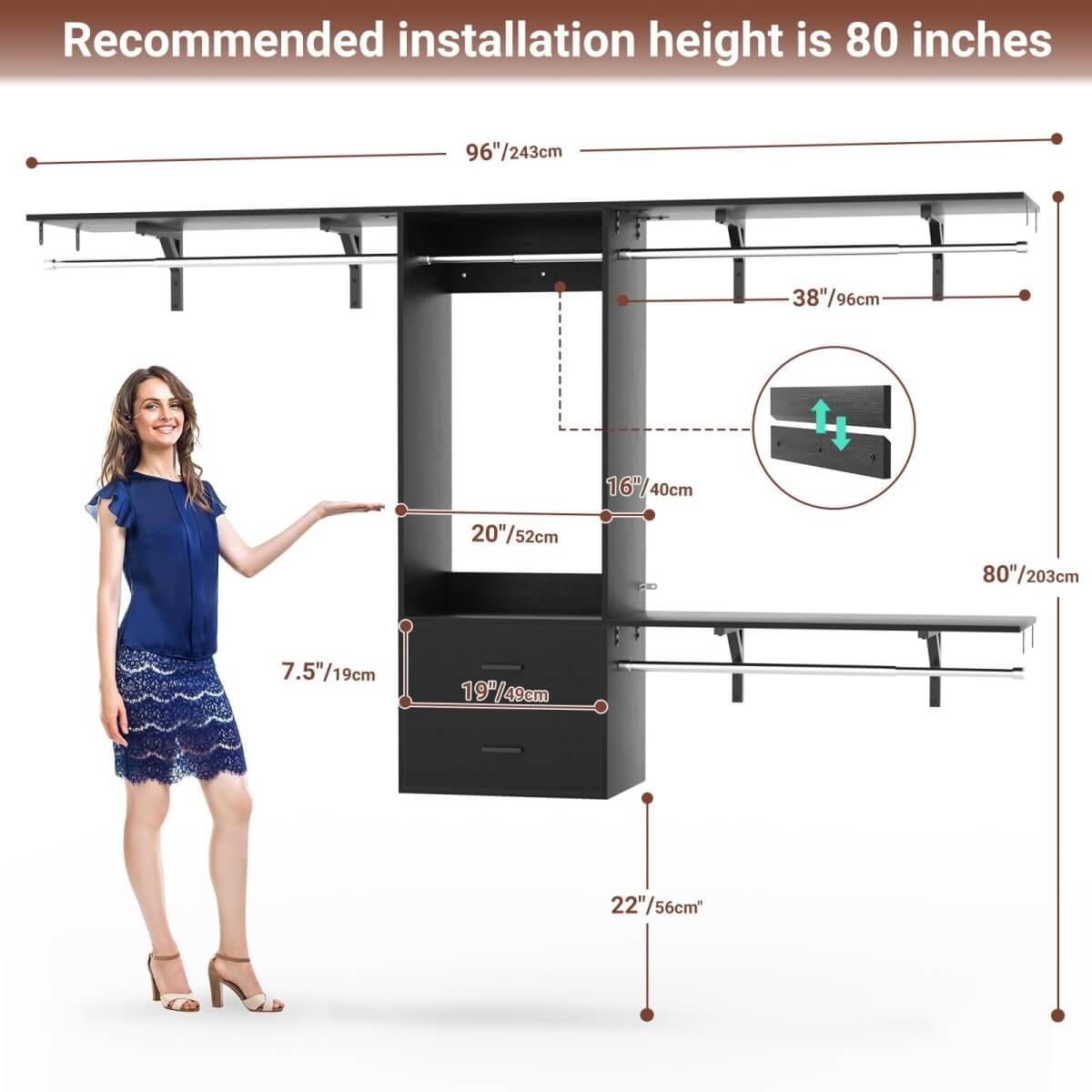 20'' - 96'' Wall Mounted Closet System with 2 Wooden Drawers and 4 Hanging Rods, 1000 lbs Capacity