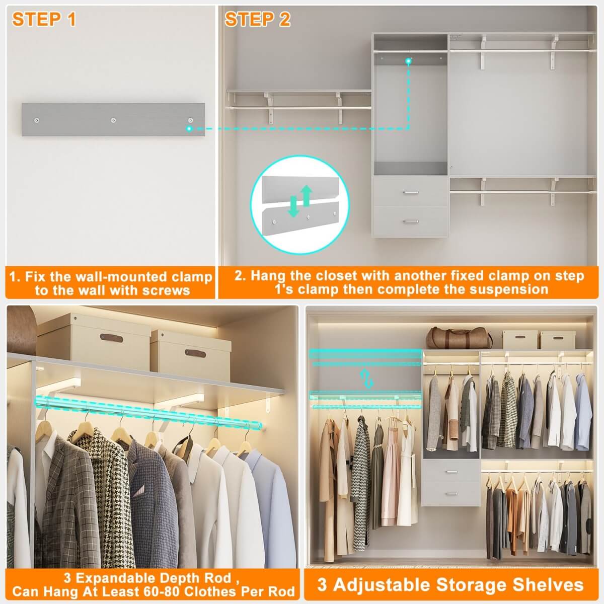 20'' - 96'' Wall Mounted Closet System with 2 Wooden Drawers and 4 Hanging Rods, 1000 lbs Capacity