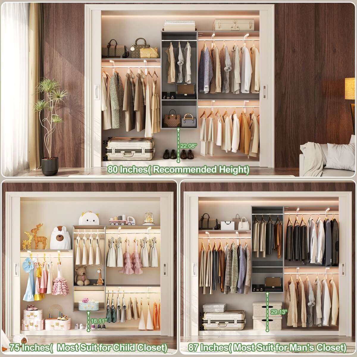 20'' - 96'' Wall Mounted Closet System with 2 Wooden Drawers and 4 Hanging Rods, 1000 lbs Capacity