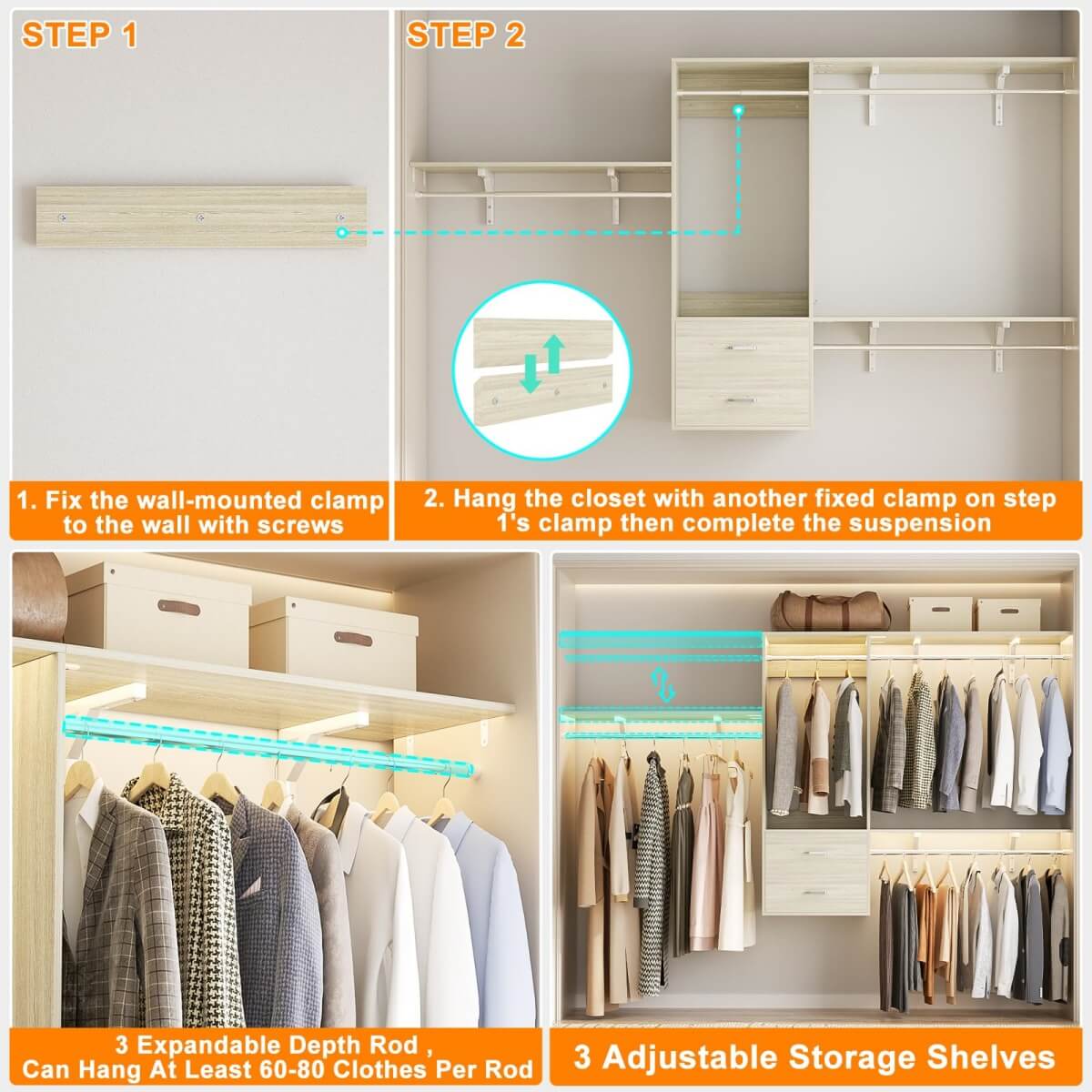 20'' - 96'' Wall Mounted Closet System with 2 Wooden Drawers and 4 Hanging Rods, 1000 lbs Capacity