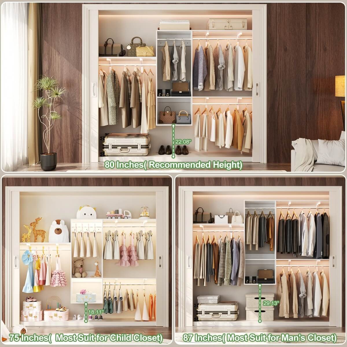 20'' - 96'' Wall Mounted Closet System with 2 Wooden Drawers and 4 Hanging Rods, 1000 lbs Capacity