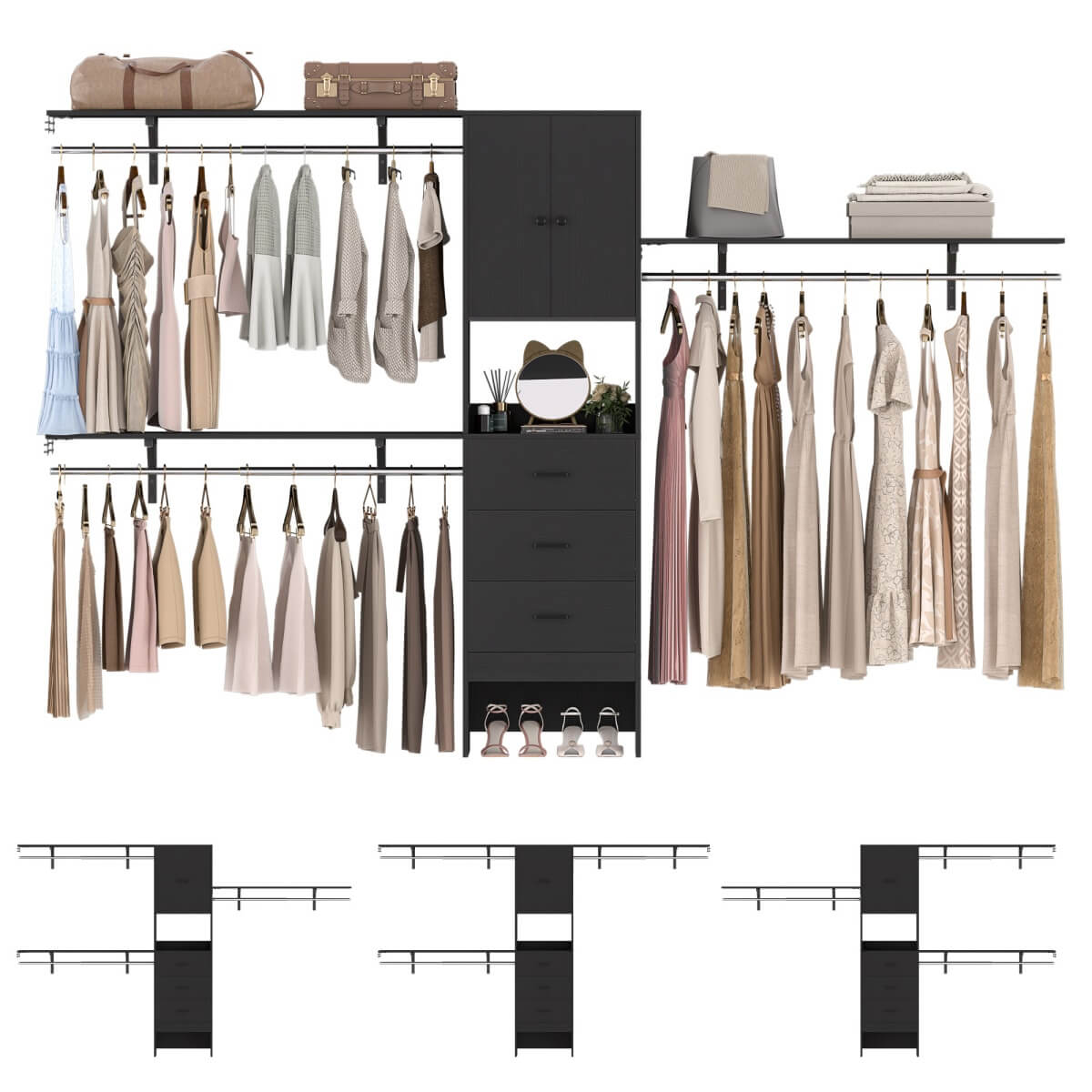 120'' Large Closet System with 3 Drawers and Doors, Closet with 3 Hanging Rods & Shlef Towers