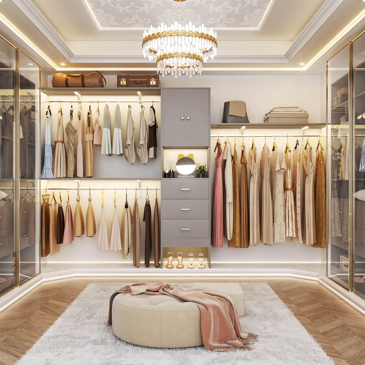 120'' Large Closet System with 3 Drawers and Doors, Closet with 3 Hanging Rods & Shlef Towers