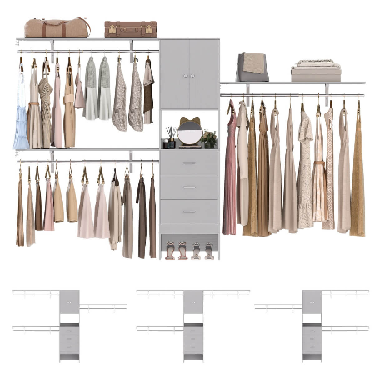 120'' Large Closet System with 3 Drawers and Doors, Closet with 3 Hanging Rods & Shlef Towers