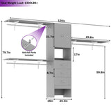 120'' Large Closet System with 3 Drawers and Doors, Closet with 3 Hanging Rods & Shlef Towers