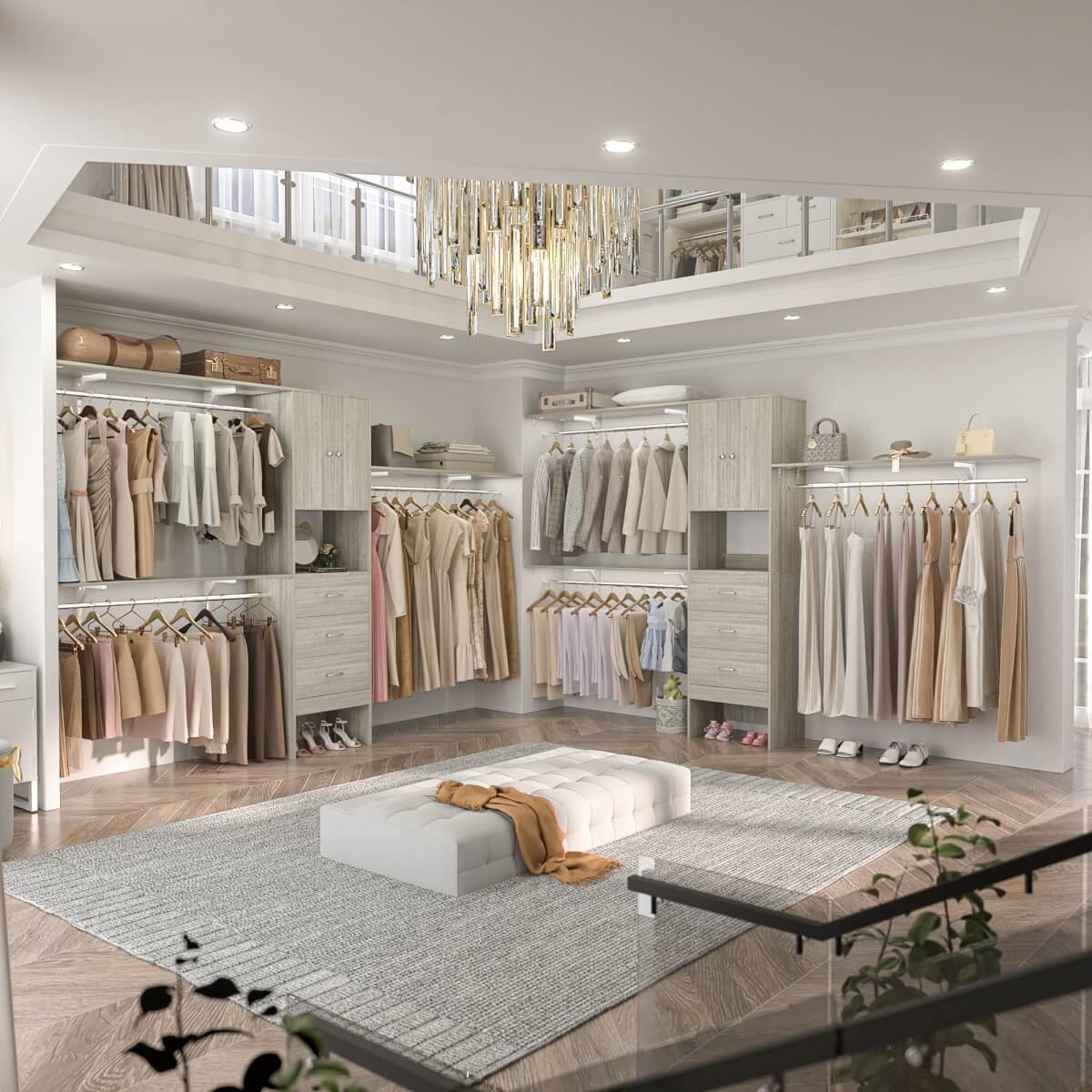 120'' Large Closet System with 3 Drawers and Doors, Closet with 3 Hanging Rods & Shlef Towers