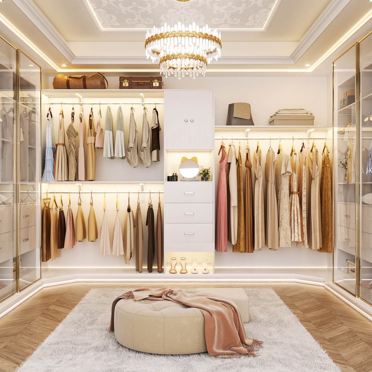 120'' Large Closet System with 3 Drawers and Doors, Closet with 3 Hanging Rods & Shlef Towers