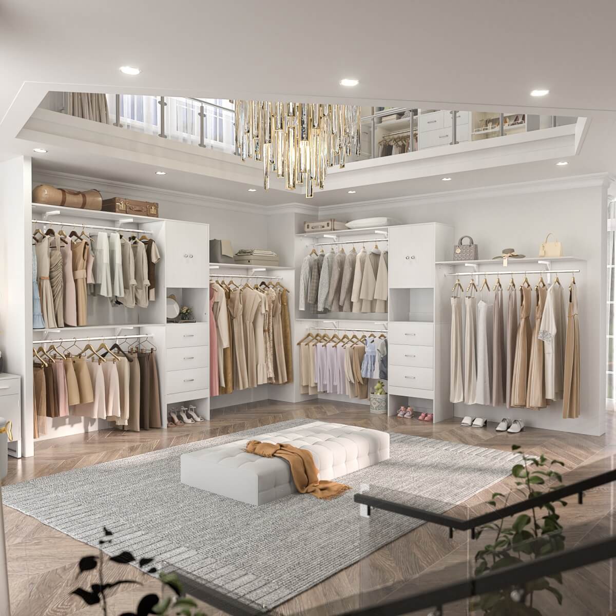 120'' Large Closet System with 3 Drawers and Doors, Closet with 3 Hanging Rods & Shlef Towers