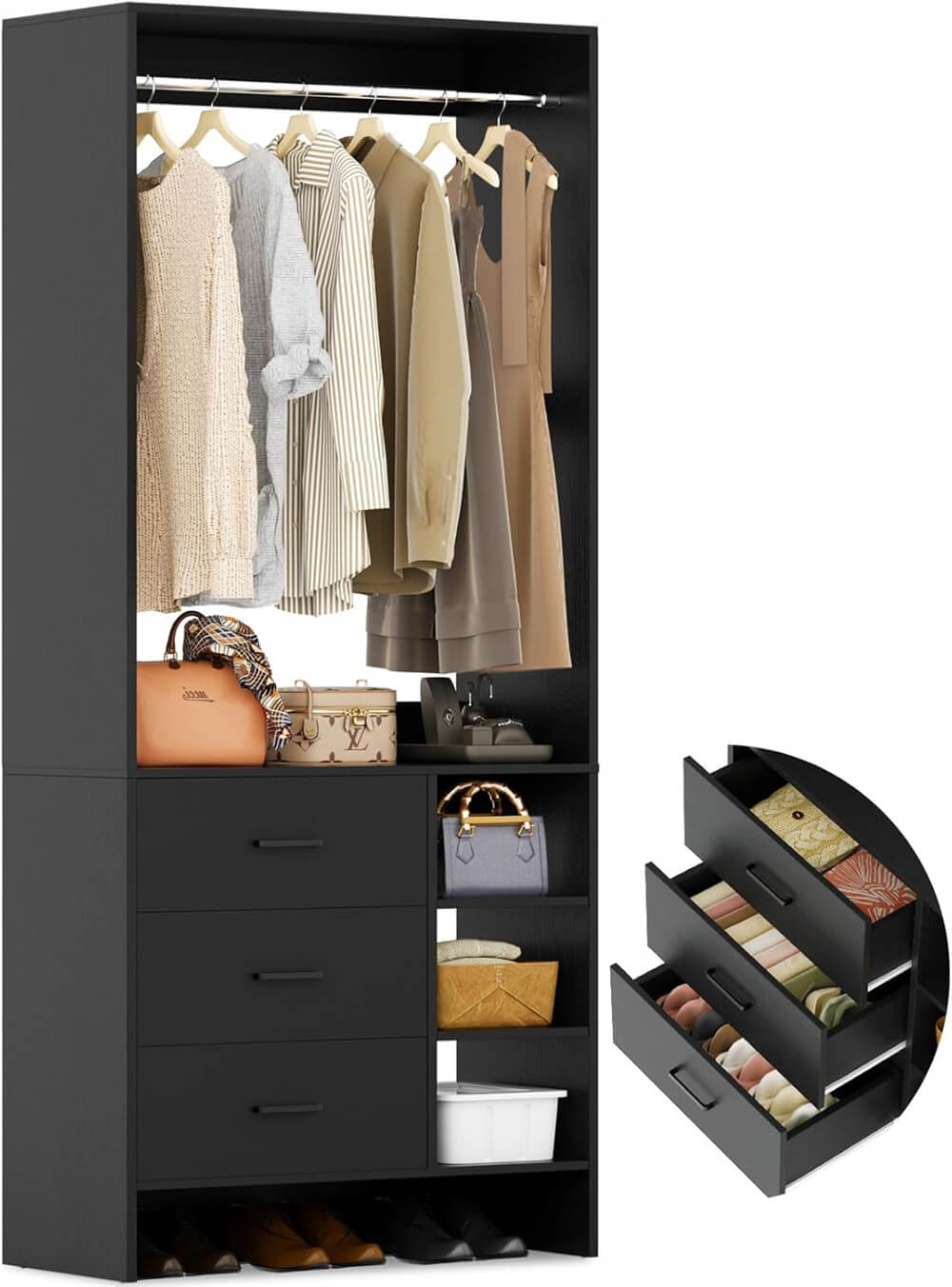 2.5FT Closet System with 3 Wooden Drawers and Shelves, 29.6'' Freestanding Walk In Clothes Storage Organizer for Home