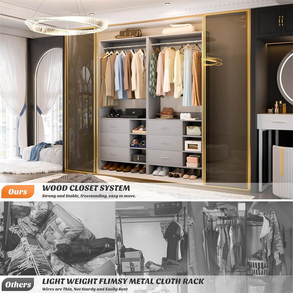 2.5FT Closet System with 3 Wooden Drawers and Shelves, 29.6'' Freestanding Walk In Clothes Storage Organizer for Home