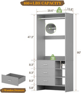 2.5FT Closet System with 3 Wooden Drawers and Shelves, 29.6'' Freestanding Walk In Clothes Storage Organizer for Home