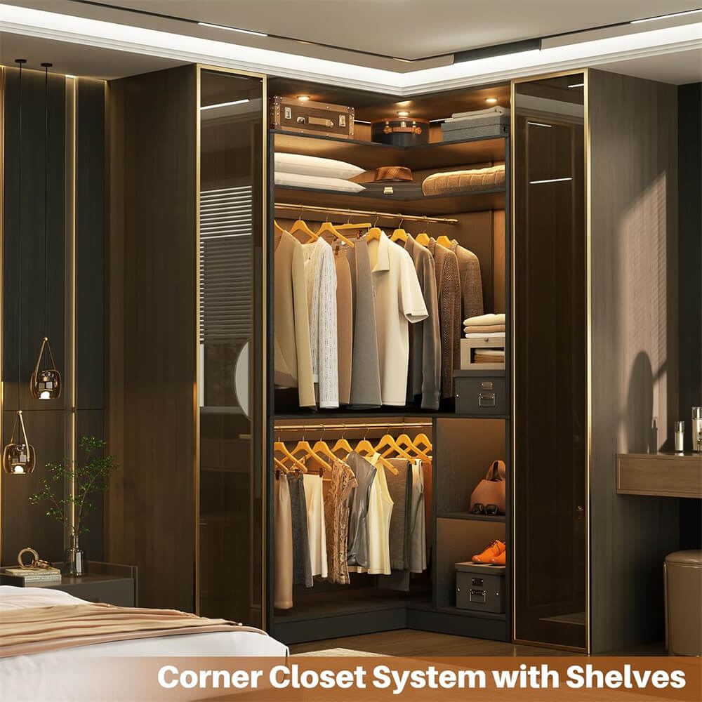 34'' Stand Corner Closet System with Shelves & 2 Hanging Rods, Walk In Clothes Organizer for Closet, Bedroom