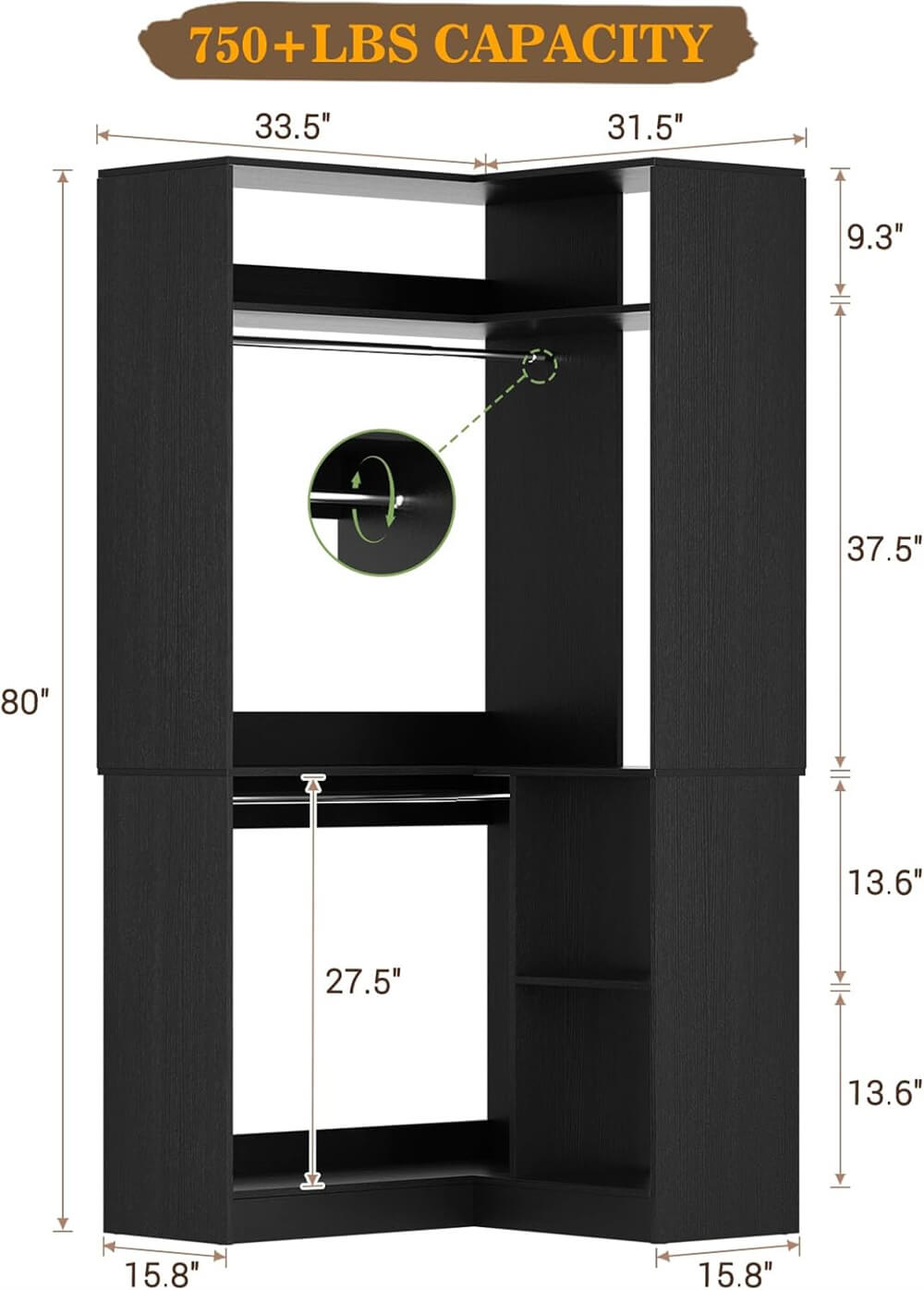 34'' Stand Corner Closet System with Shelves & 2 Hanging Rods, Walk In Clothes Organizer for Closet, Bedroom