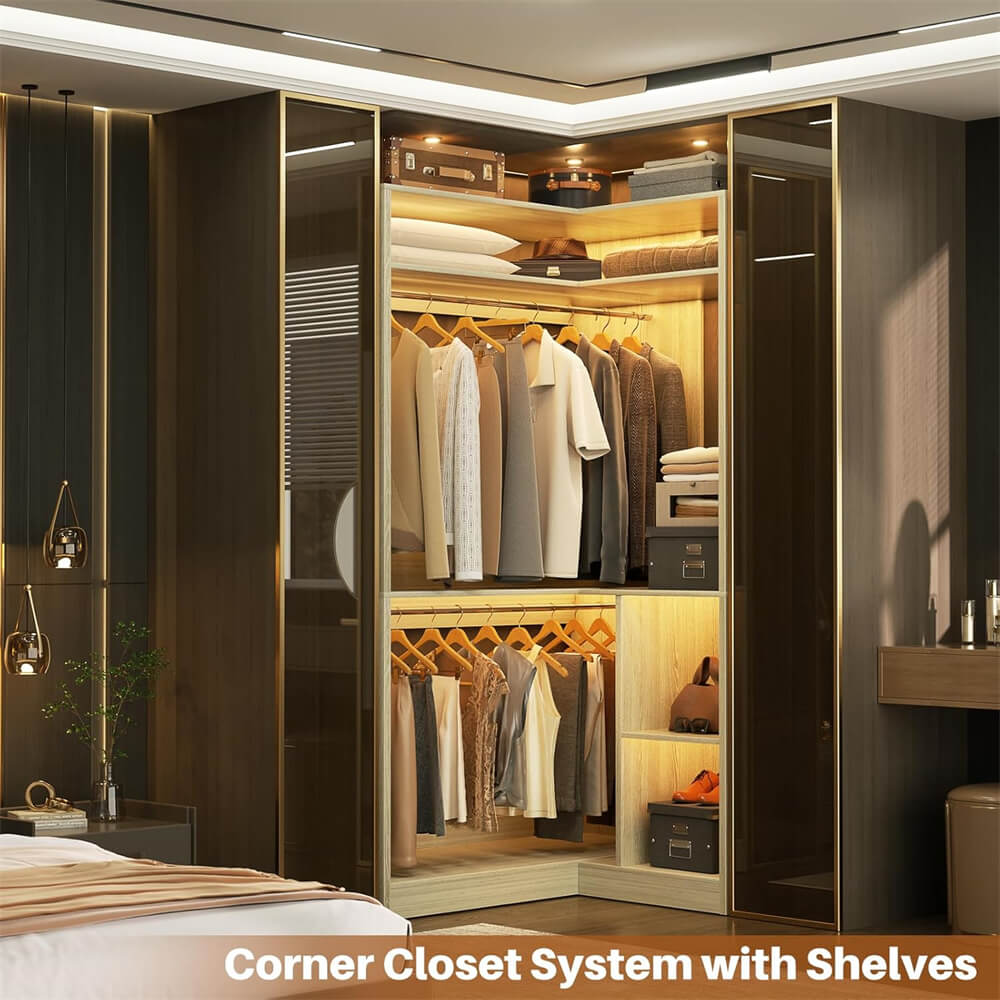 34'' Stand Corner Closet System with Shelves & 2 Hanging Rods, Walk In Clothes Organizer for Closet, Bedroom