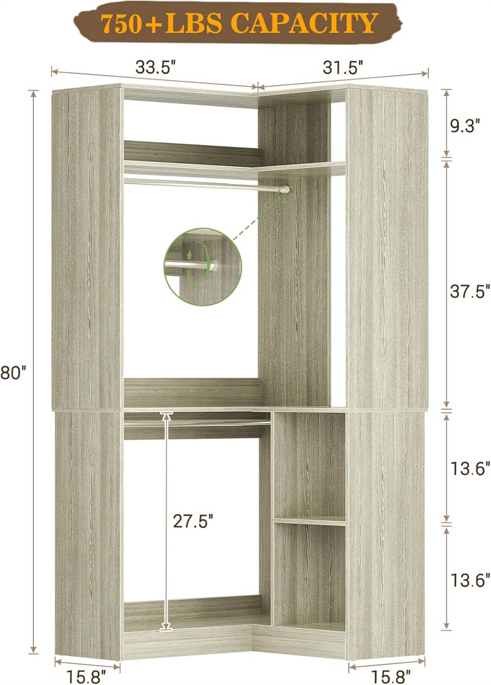 34'' Stand Corner Closet System with Shelves & 2 Hanging Rods, Walk In Clothes Organizer for Closet, Bedroom