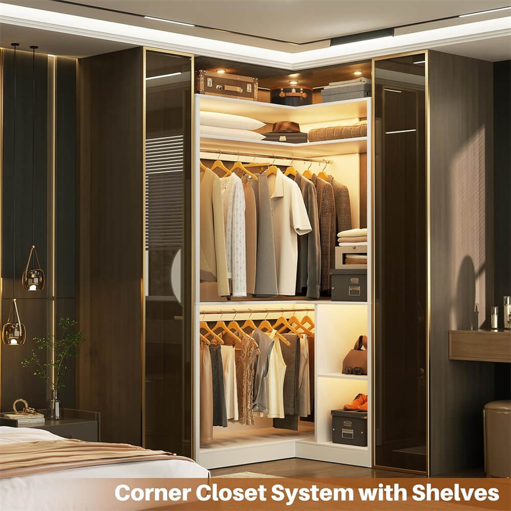 34'' Stand Corner Closet System with Shelves & 2 Hanging Rods, Walk In Clothes Organizer for Closet, Bedroom