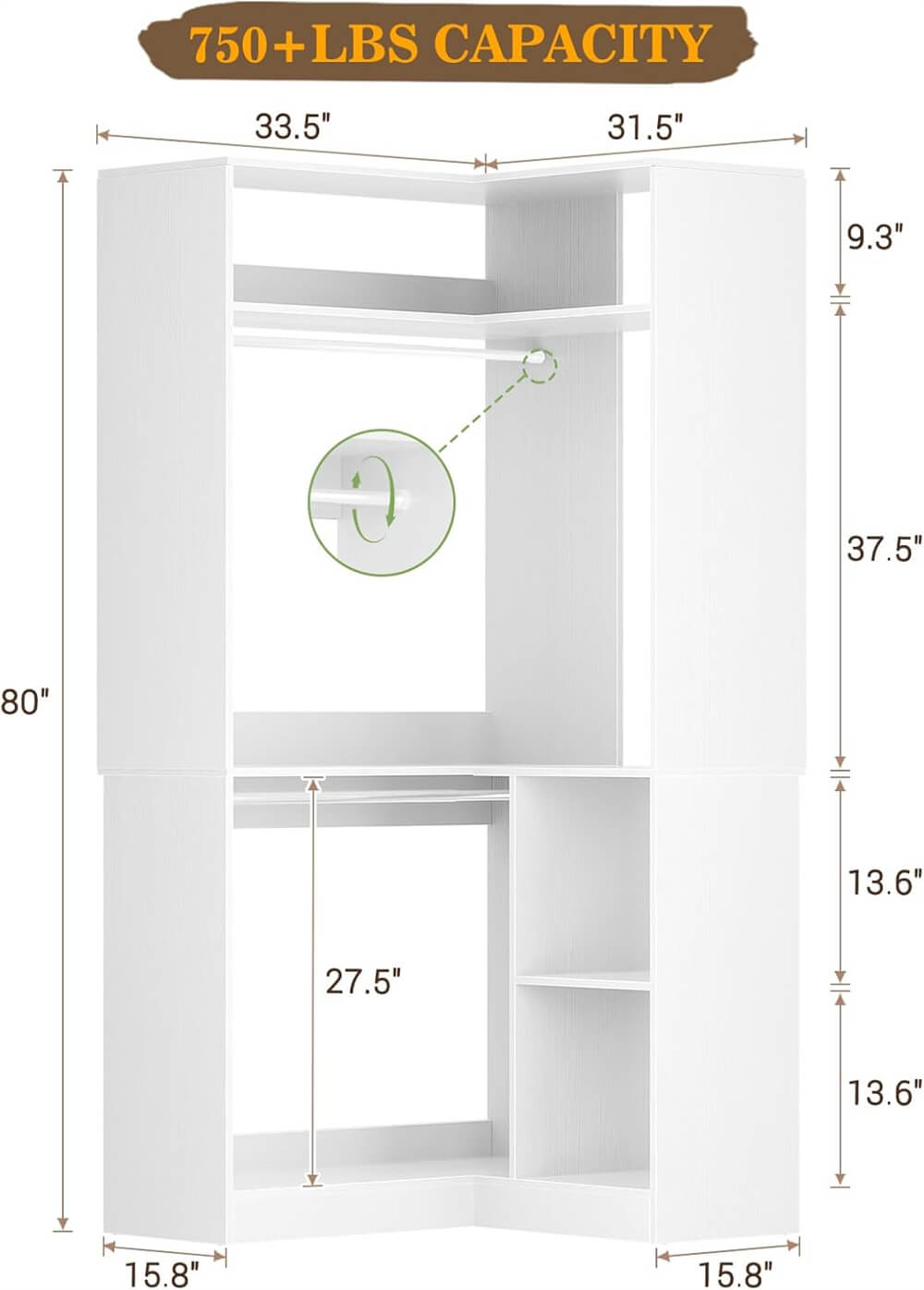 34'' Stand Corner Closet System with Shelves & 2 Hanging Rods, Walk In Clothes Organizer for Closet, Bedroom