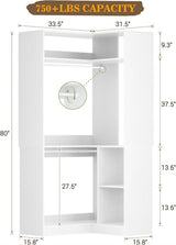 34'' Stand Corner Closet System with Shelves & 2 Hanging Rods, Walk In Clothes Organizer for Closet, Bedroom