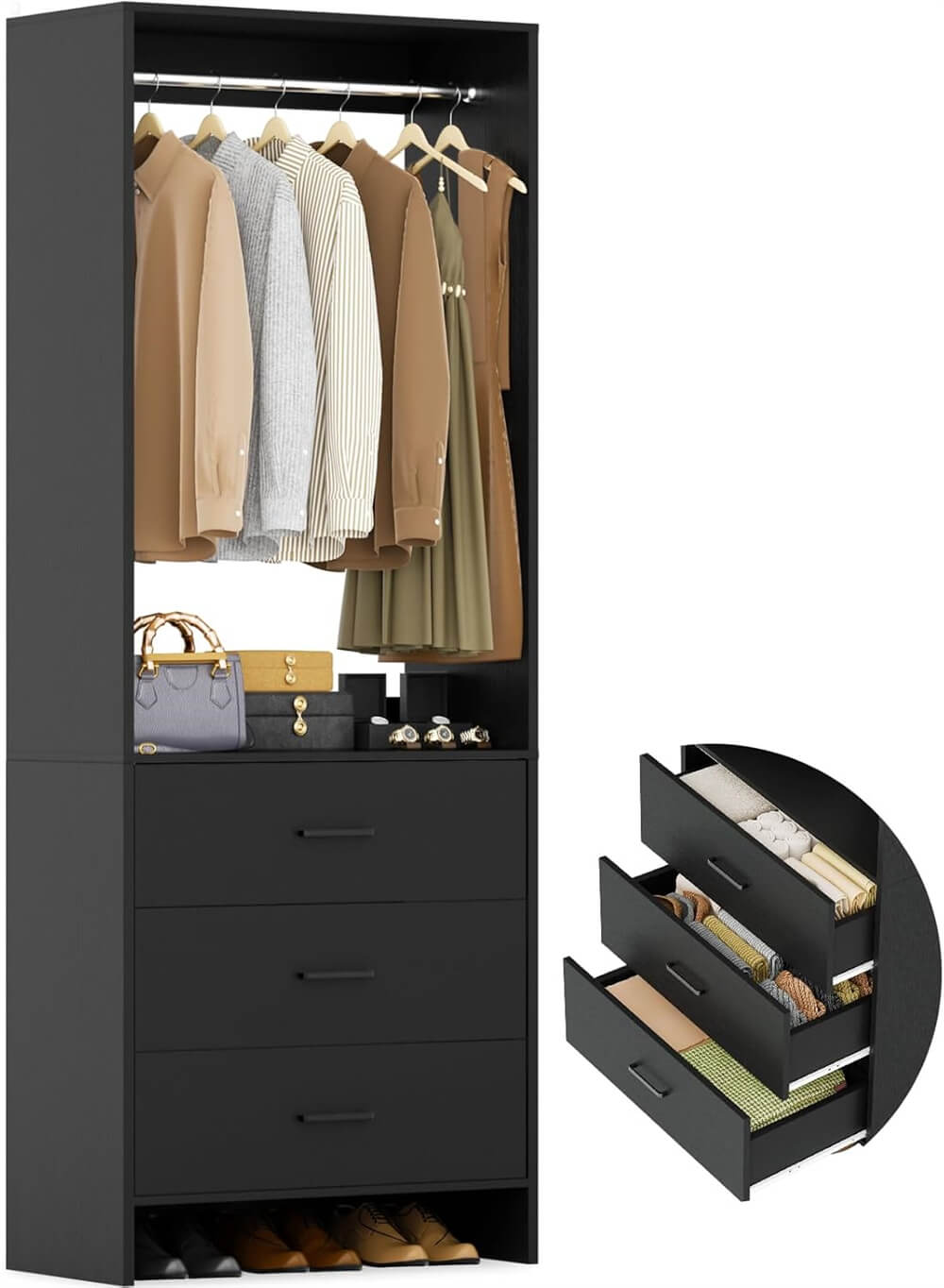 2FT Stand Closet System with 3 Wood Drawers, 24 Inch Clothes Storage Organizer for Closet & Bedroom