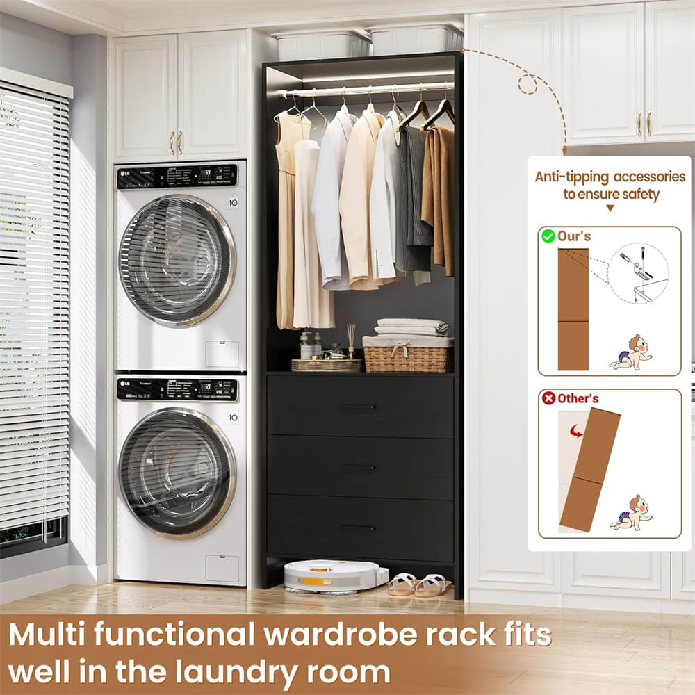 2FT Stand Closet System with 3 Wood Drawers, 24 Inch Clothes Storage Organizer for Closet & Bedroom