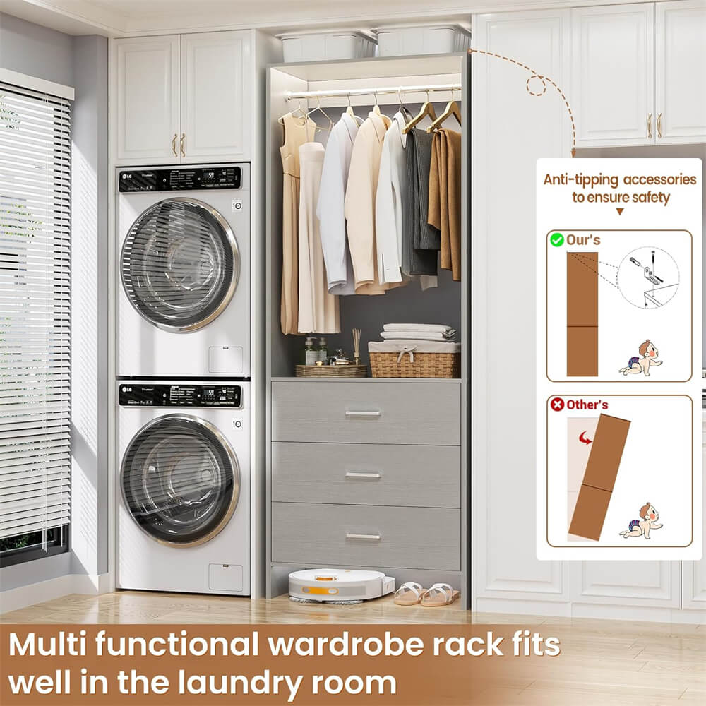 2FT Stand Closet System with 3 Wood Drawers, 24 Inch Clothes Storage Organizer for Closet & Bedroom