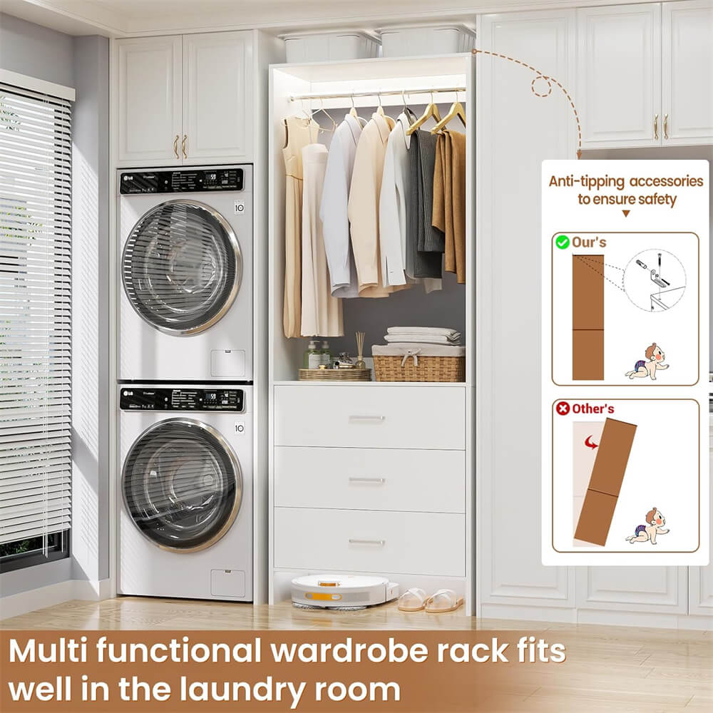 2FT Stand Closet System with 3 Wood Drawers, 24 Inch Clothes Storage Organizer for Closet & Bedroom