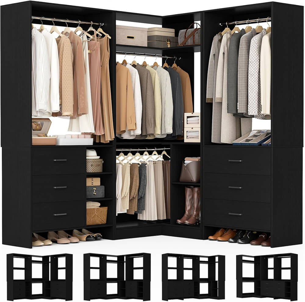 Walk-in Closet Organizer System with 3 Sets, 86.8" Stand Closet System with 6 Wood Drawers, 4 Hanging Rods, and Shelves, Load 2000+LBS