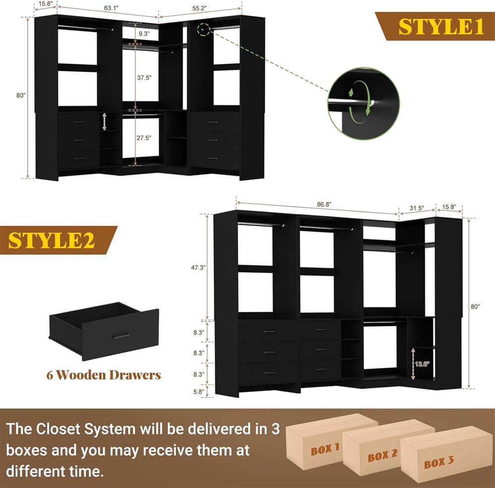 Walk-in Closet Organizer System with 3 Sets, 86.8" Stand Closet System with 6 Wood Drawers, 4 Hanging Rods, and Shelves, Load 2000+LBS