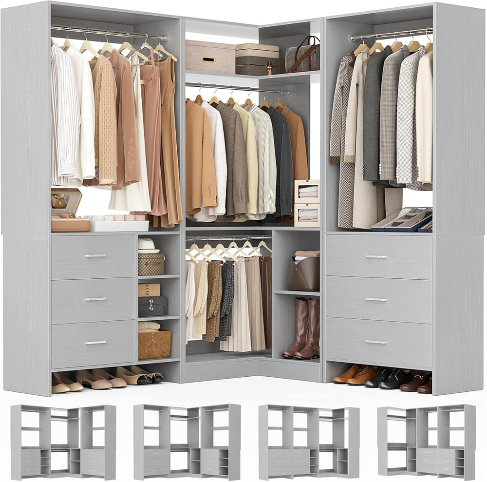 Walk-in Closet Organizer System with 3 Sets, 86.8" Stand Closet System with 6 Wood Drawers, 4 Hanging Rods, and Shelves, Load 2000+LBS