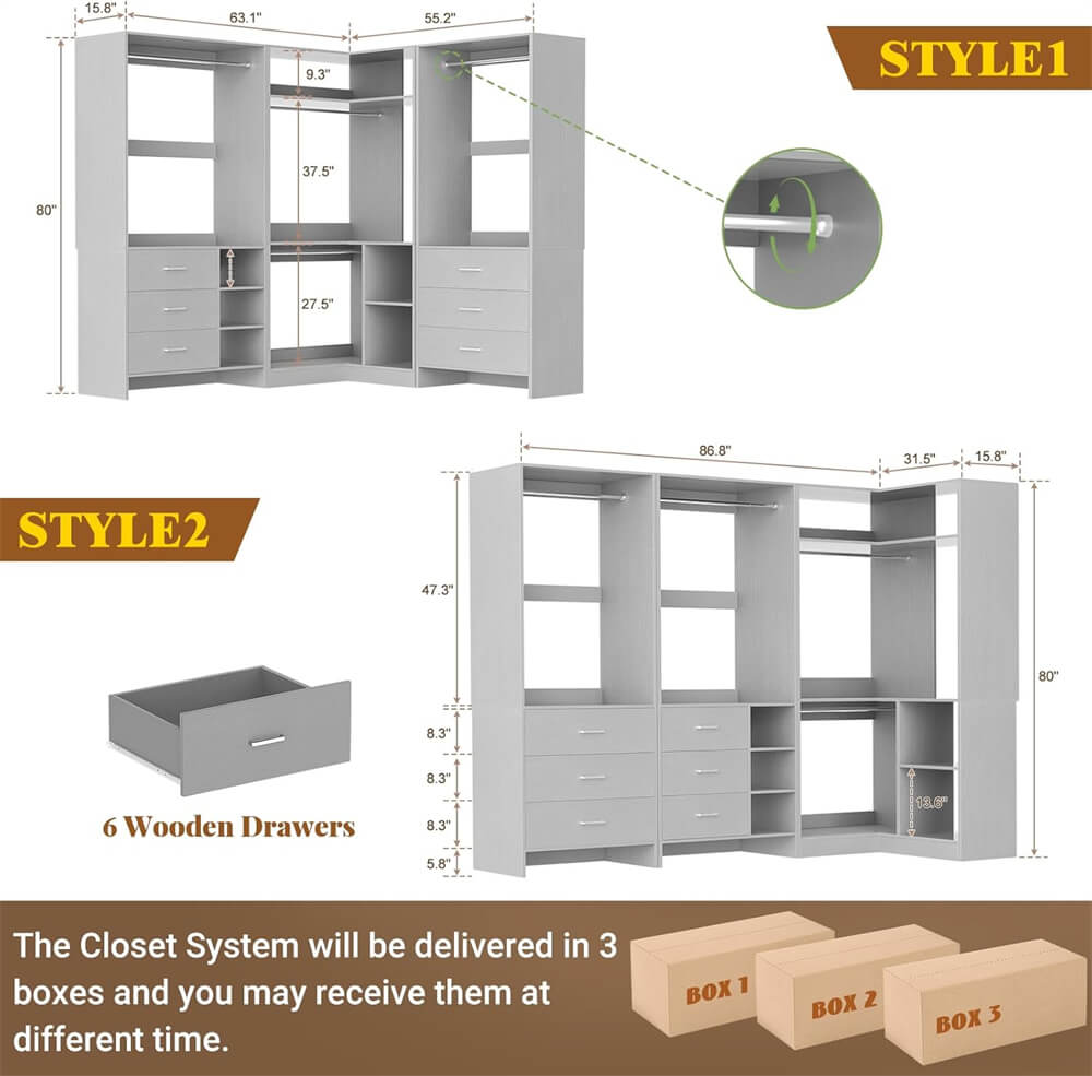 Walk-in Closet Organizer System with 3 Sets, 86.8" Stand Closet System with 6 Wood Drawers, 4 Hanging Rods, and Shelves, Load 2000+LBS