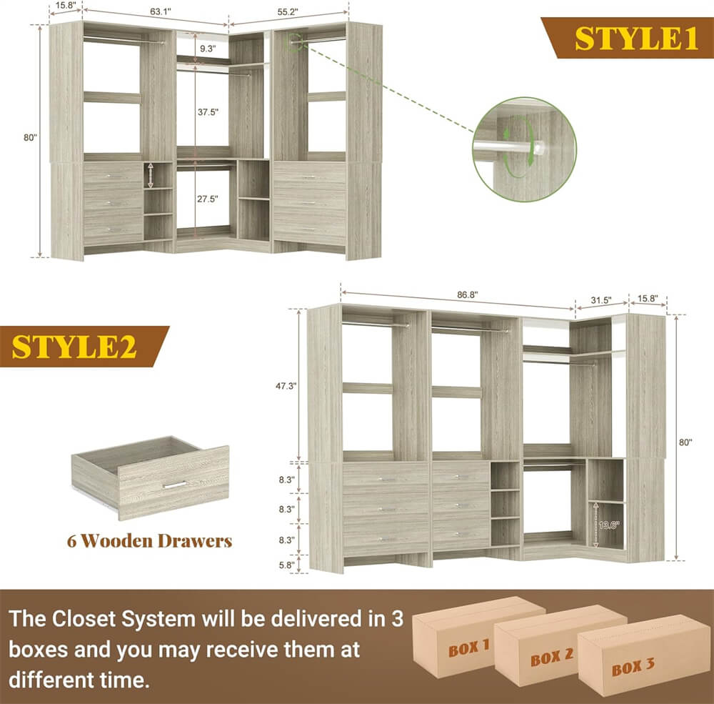 Walk-in Closet Organizer System with 3 Sets, 86.8" Stand Closet System with 6 Wood Drawers, 4 Hanging Rods, and Shelves, Load 2000+LBS