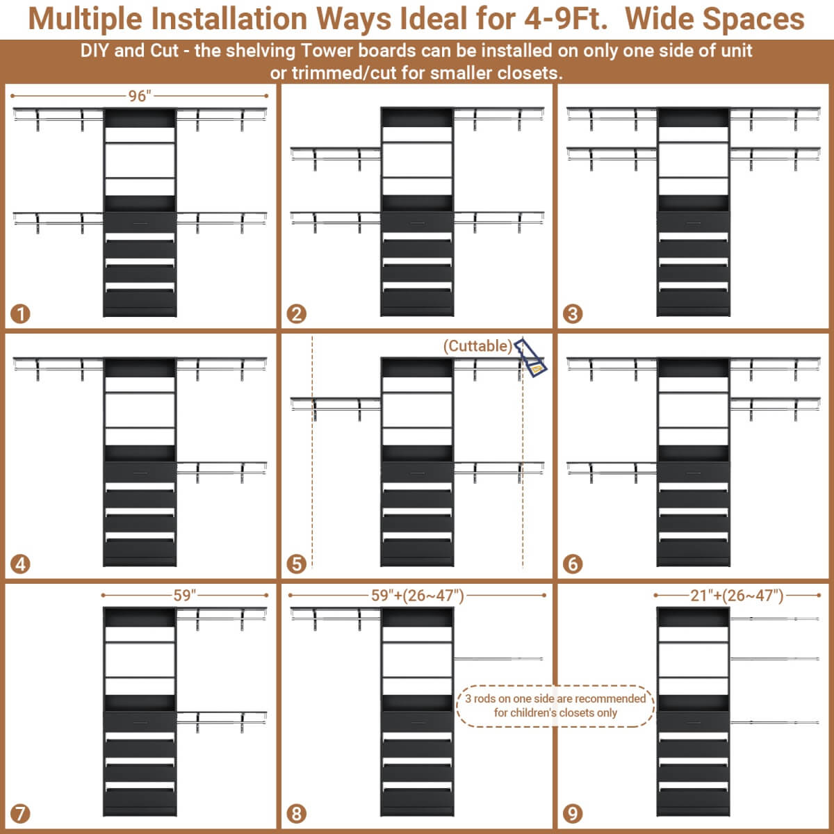 4-9FT Walk-in Closet System with 4 Drawers & Hanging Rods